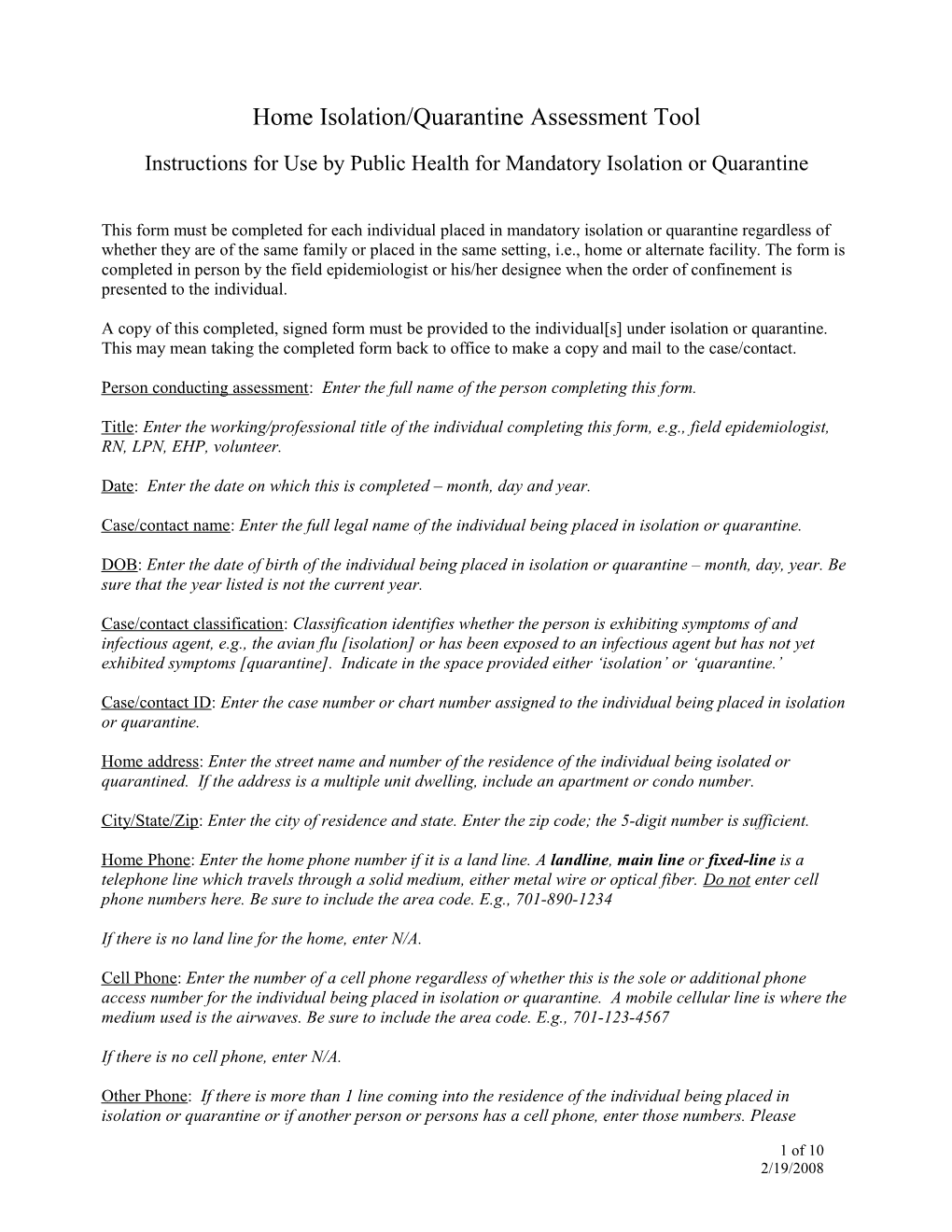 Attachment C Home Isolation Assessment WORD