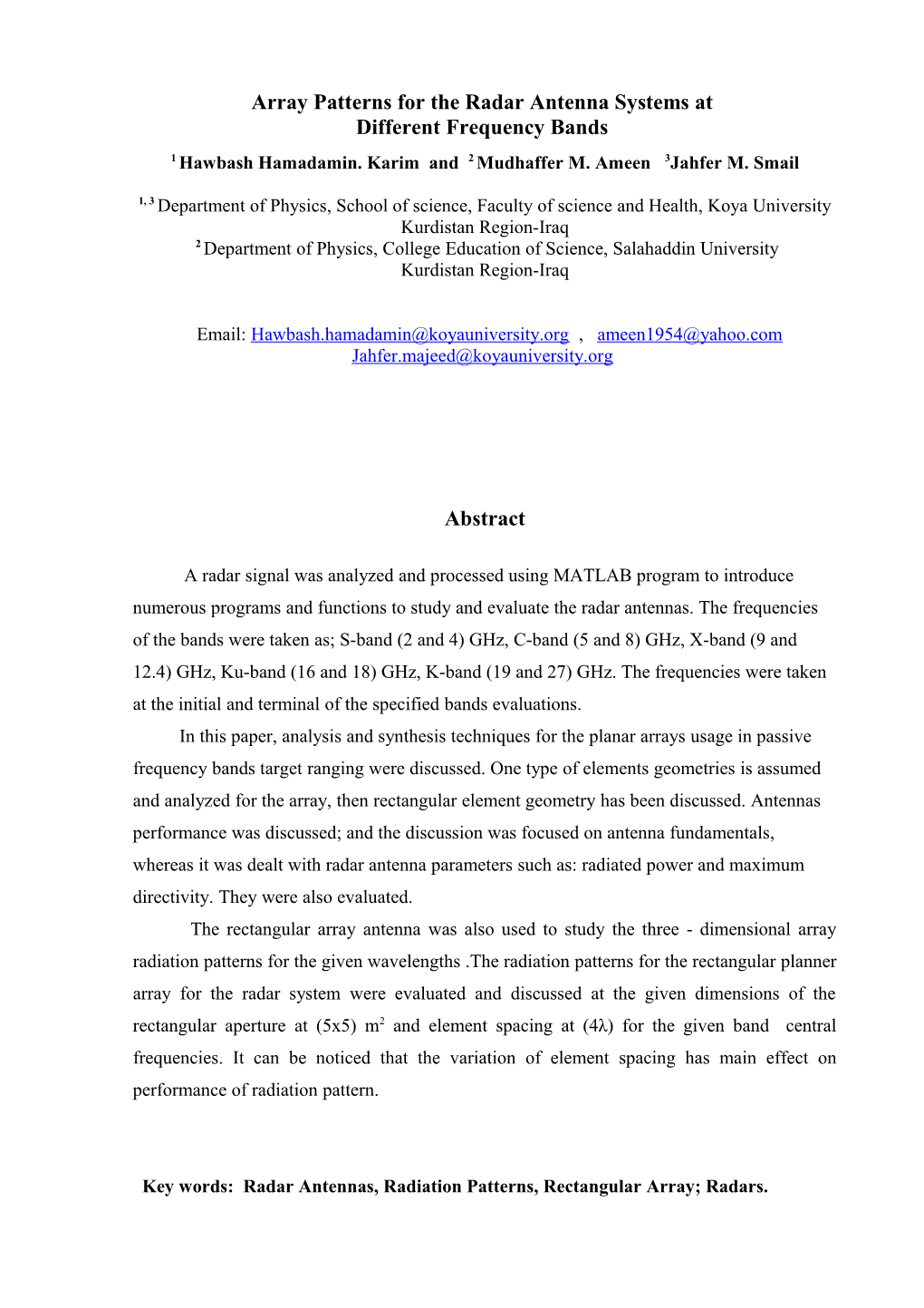 Array Patterns for the Radar Antenna Systems At