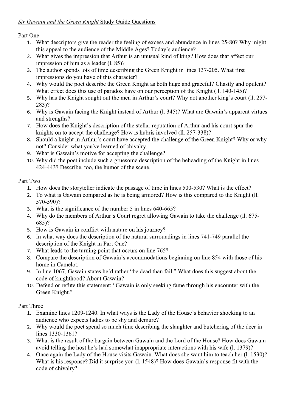 Sir Gawain and the Green Knight Study Guide Questions