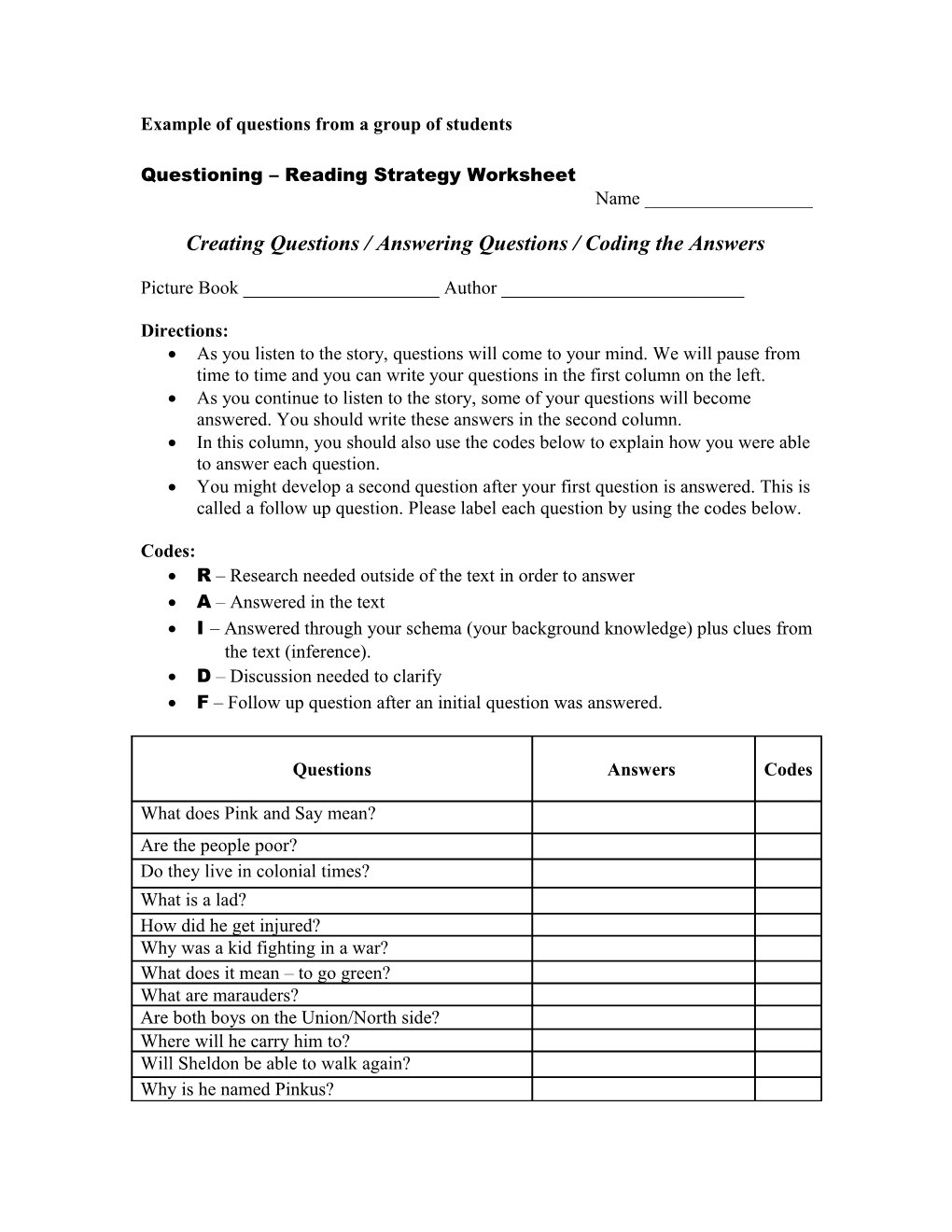 Questioning Reading Strategy Worksheet