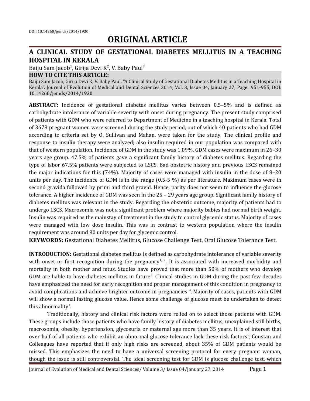 A Clinical Study of Gestational Diabetes Mellitus in a Teaching Hospital in Kerala