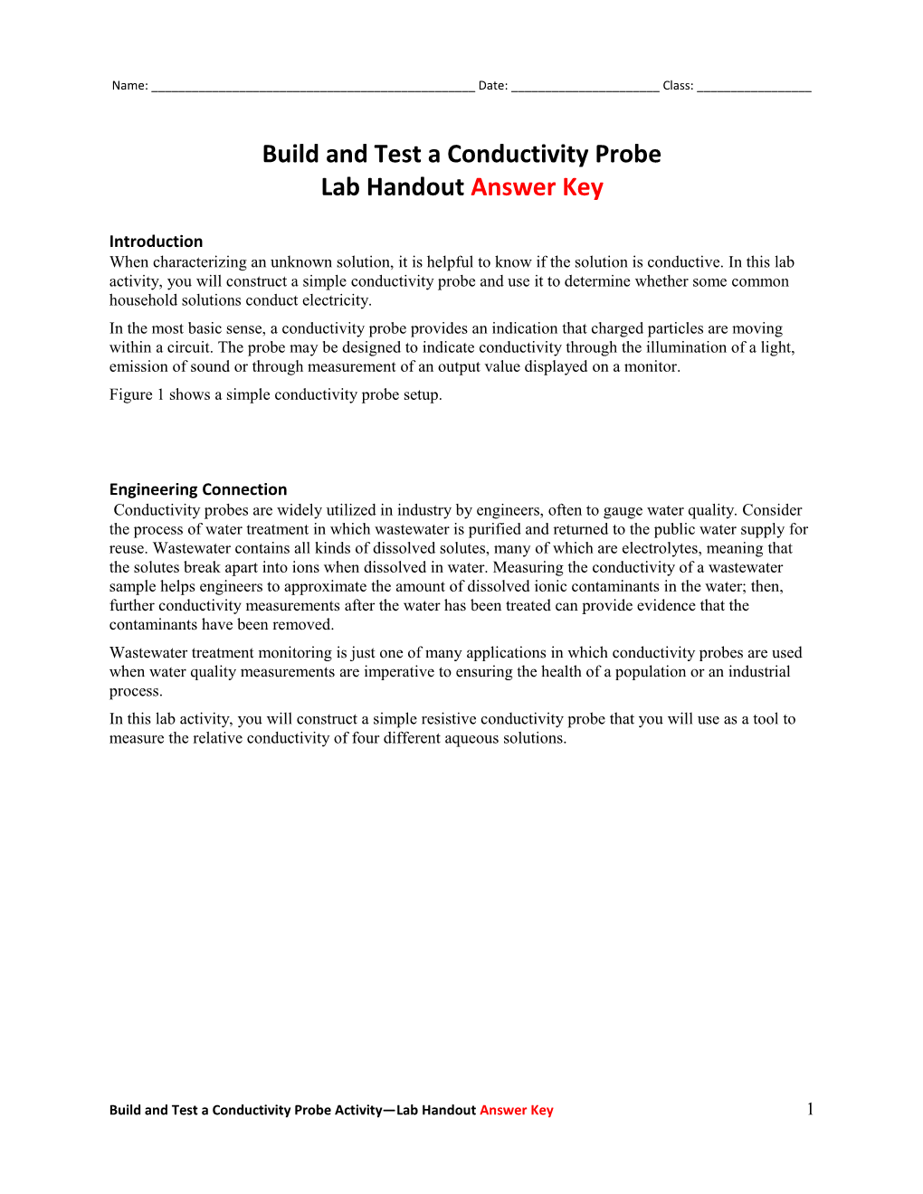 Build and Test a Conductivity Probe Lab Handoutanswer Key