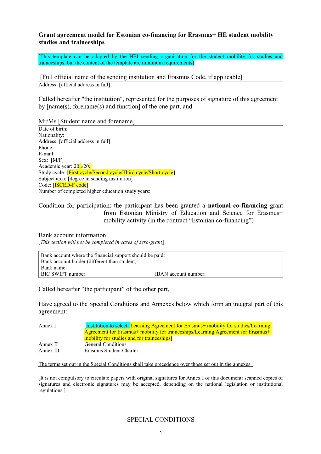 Grant Agreement Model for Estonian Co-Financing for Erasmus+ Hestudent Mobility Studies