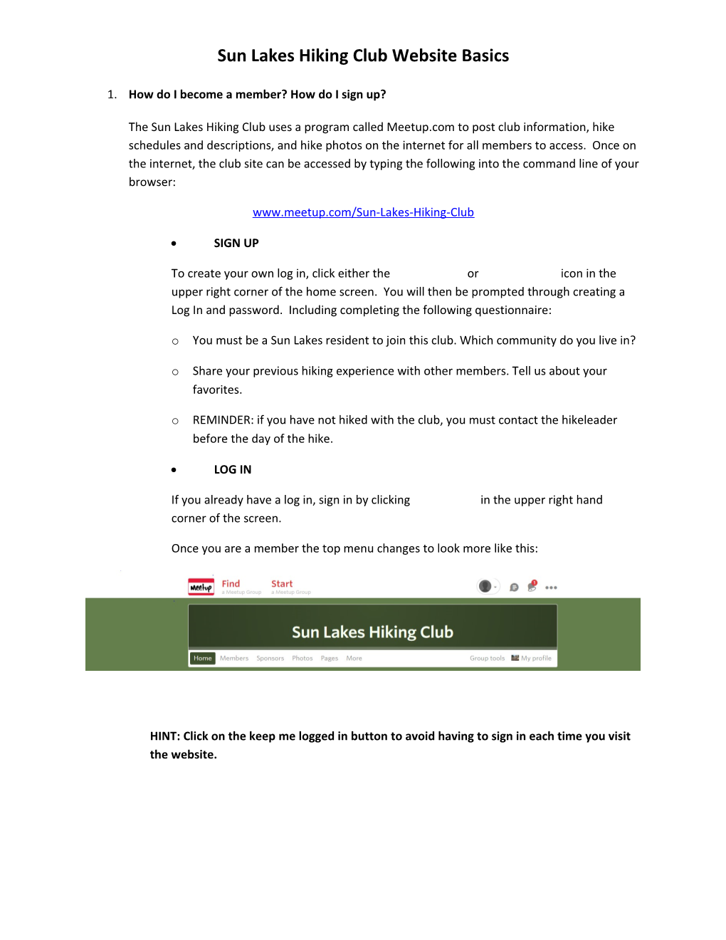 Sun Lakes Hiking Club Website Basics