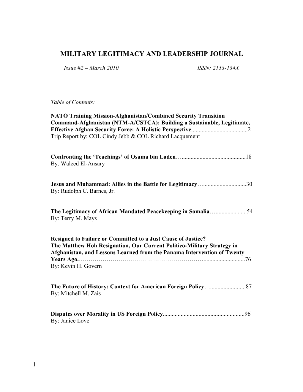 Military Legitimacy and Leadership Journal