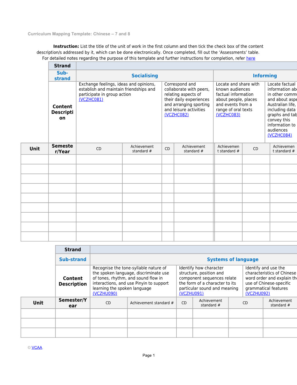 Curriculum Mapping Template: Chinese 7 and 8