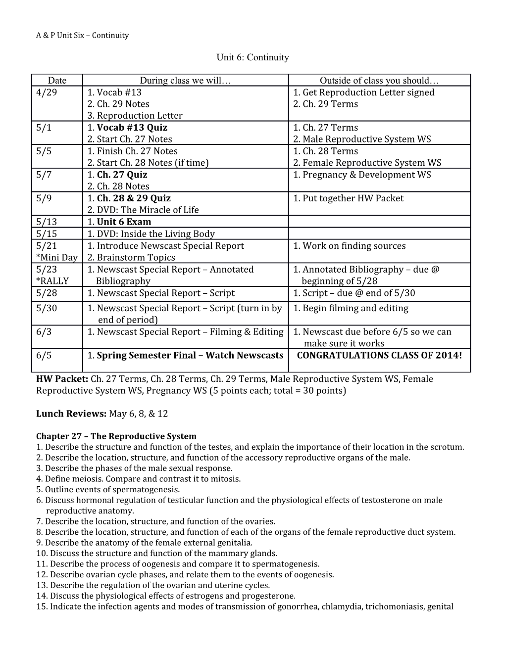 A & P Unit Six Continuity