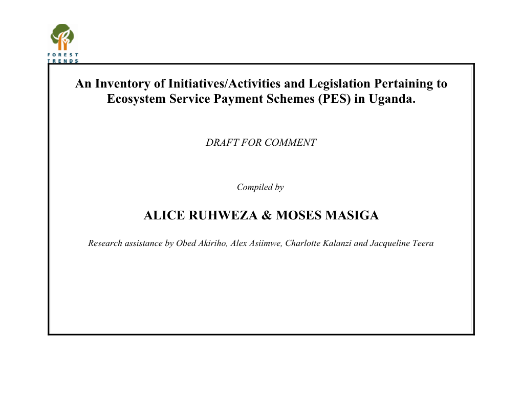 An Inventory of Initiatives/Activities and Legislation Pertaining to Ecosystem Service