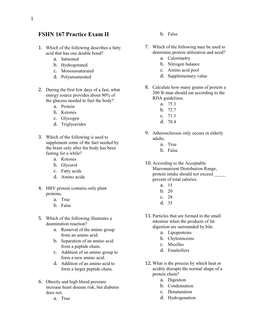 FSHN 167 Practice Exam II