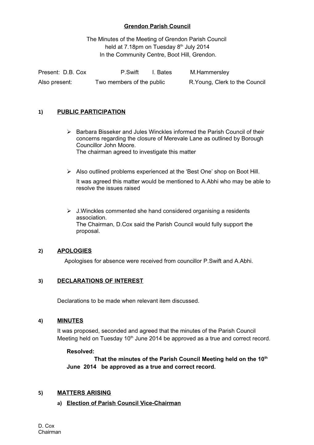 The Minutes of the Meeting Ofgrendon Parish Council