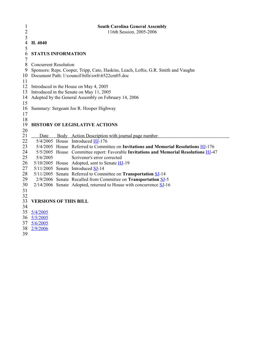 2005-2006 Bill 4040: Sergeant Joe R. Hooper Highway - South Carolina Legislature Online