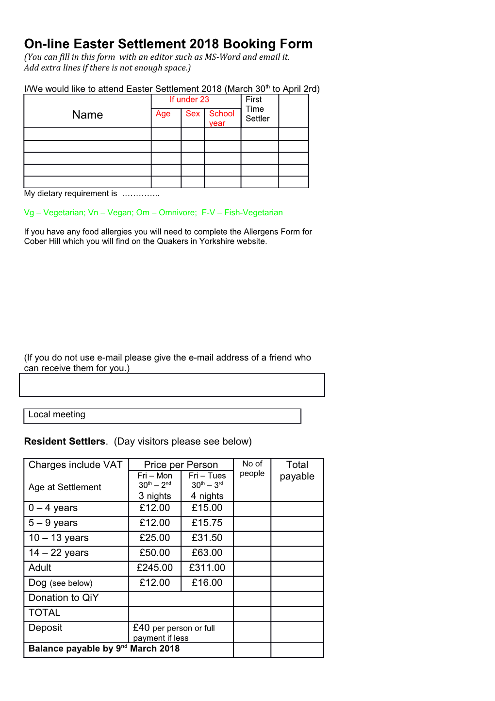 Easter Settlement 2010 Booking Form