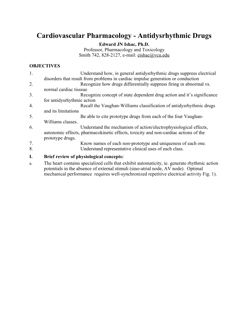 Cardiovascular Pharmacology - Antidysrhythmic Drugs