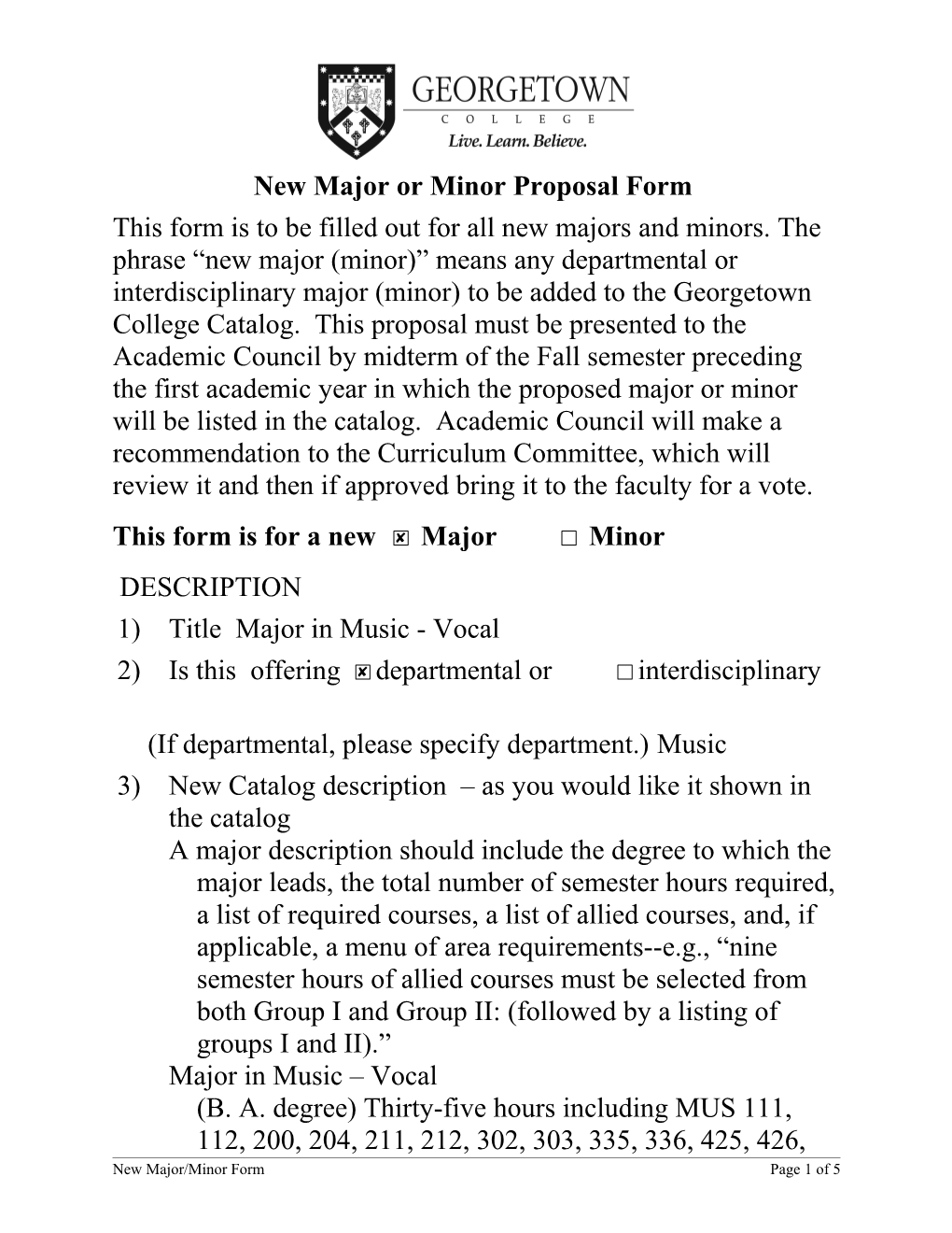 New Major Or Minor Proposal Form