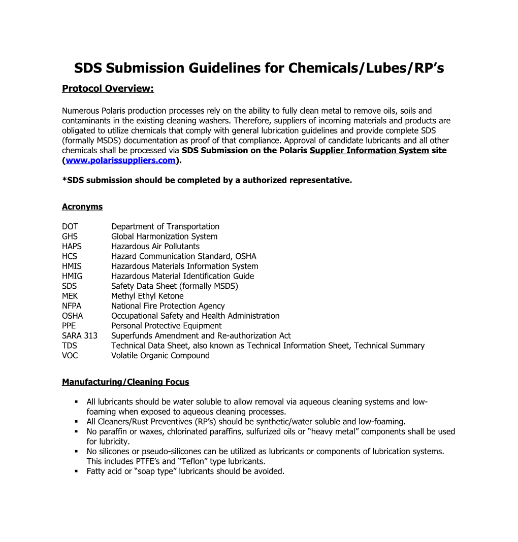 SDS Submissionguidelines for Chemicals/Lubes/RP S