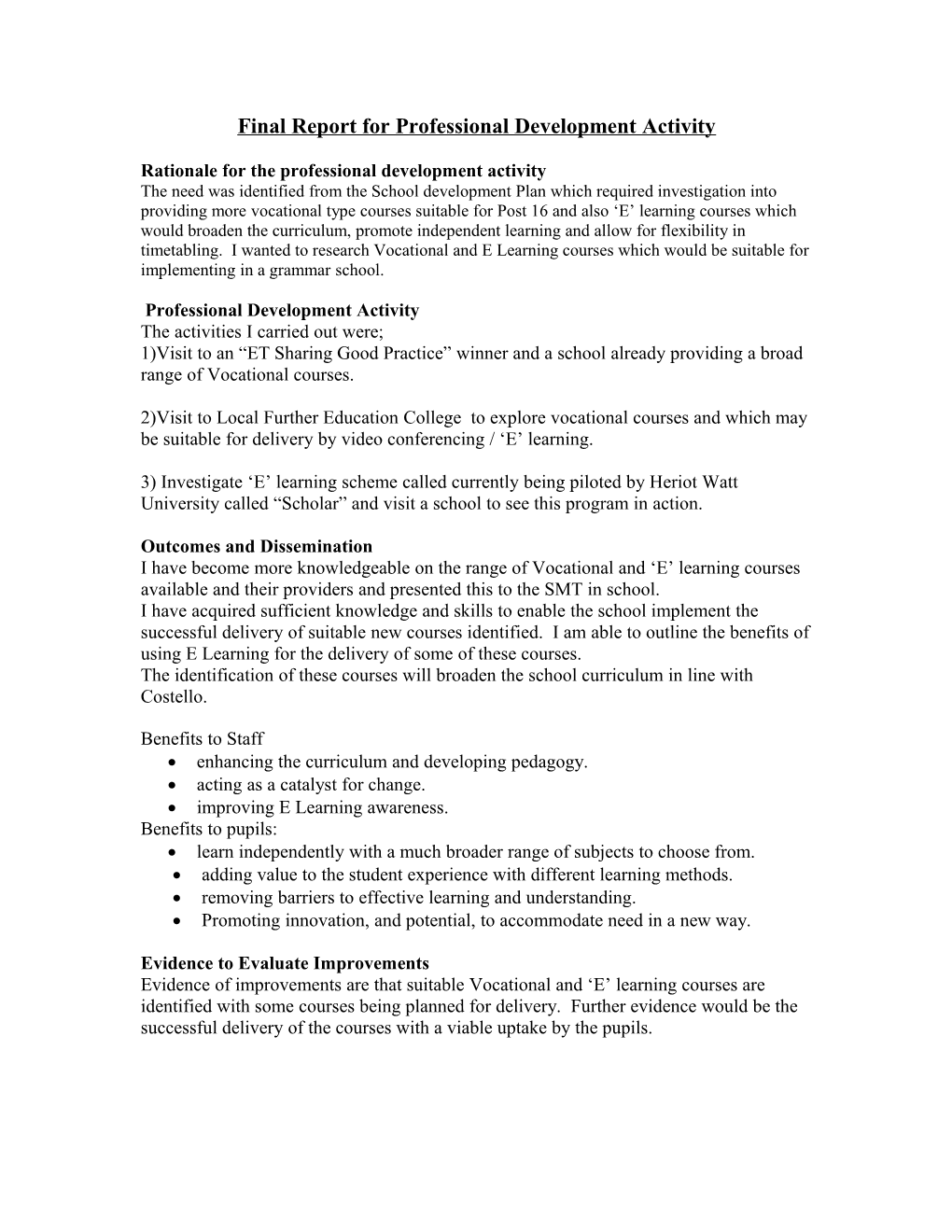 Final Report for Professional Development Activity