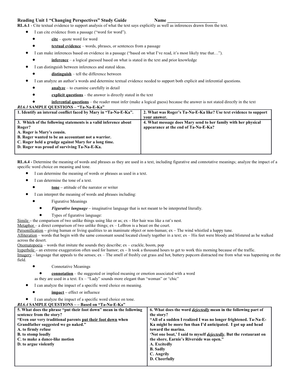 Reading Unit 1 Changing Perspectives Study Guide Name ______