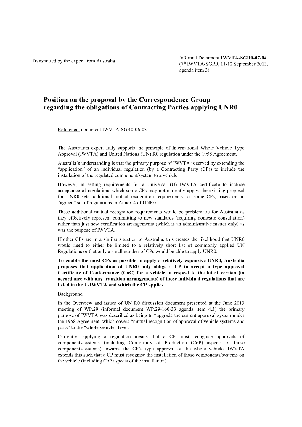 Position on the Proposal by the Correspondence Group Regarding the Obligations of Contracting
