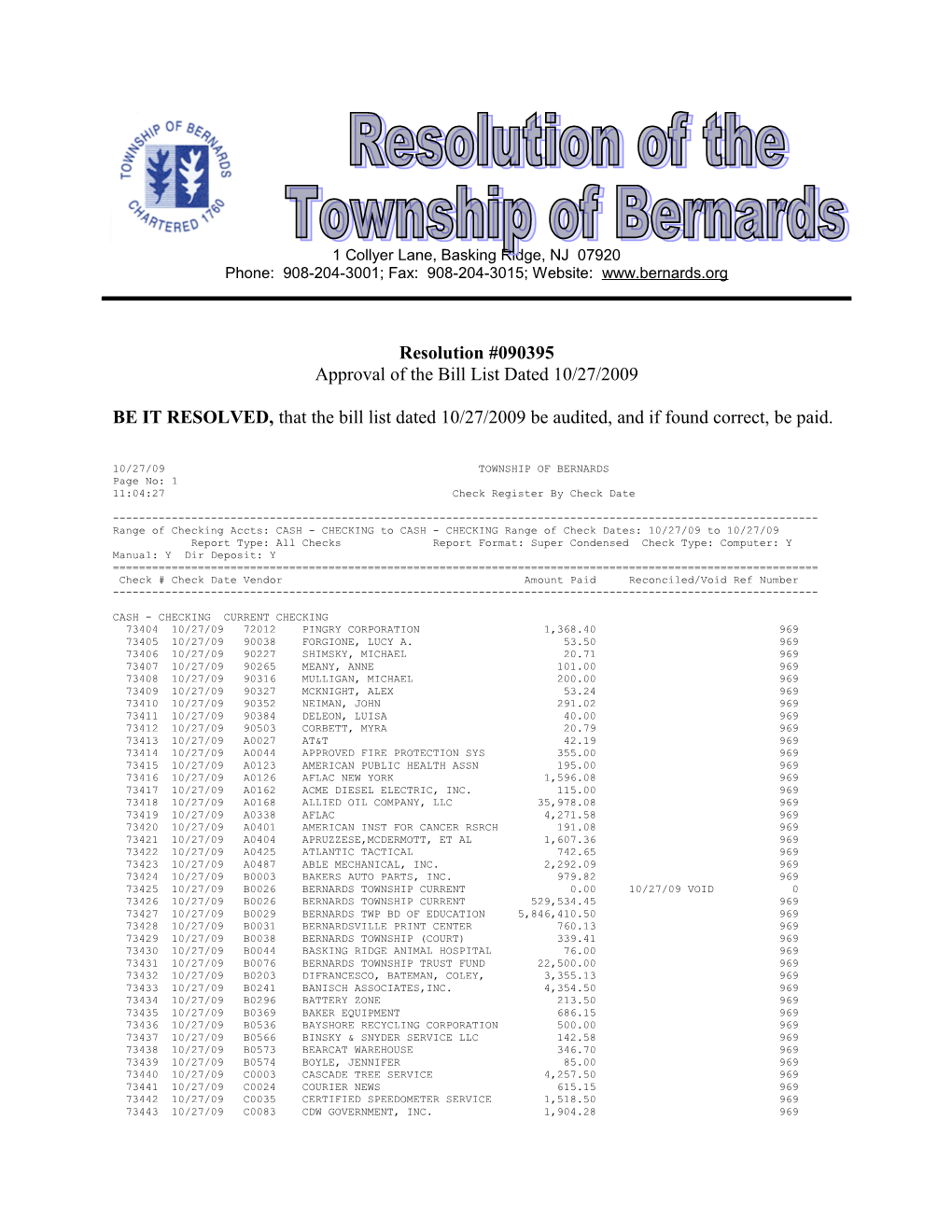 Approval of the Bill List Dated 10/27/2009