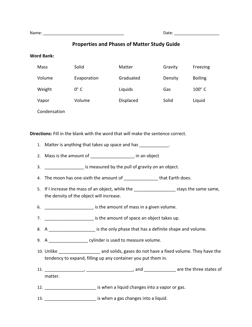 Properties and Phases of Matter Study Guide