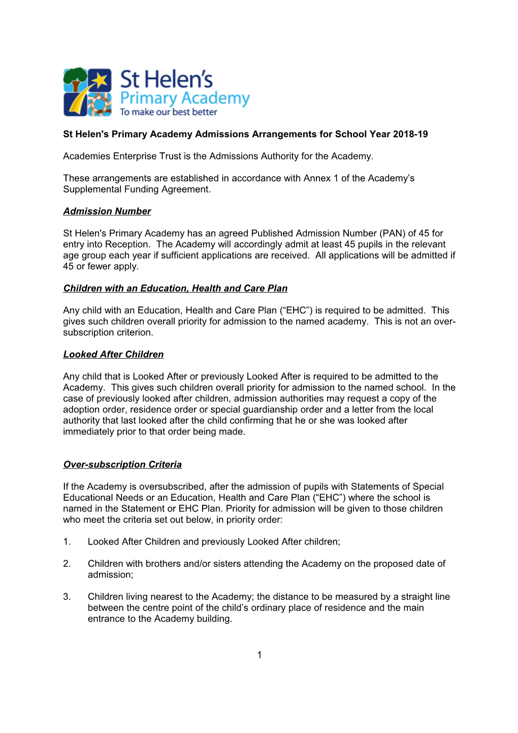 St Helen's Primary Academy Admissions Arrangements for School Year 2018-19