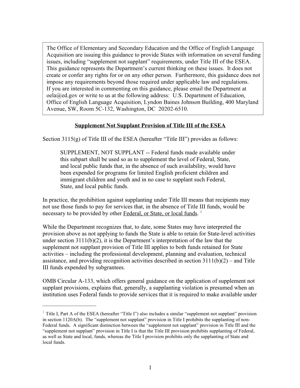 Supplement Not Supplant Provison of Title III of the ESEA (Word Document)