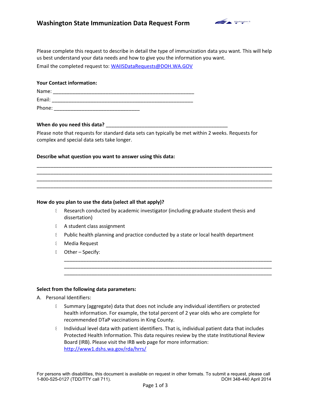 Washington State Immunization Data Request Form