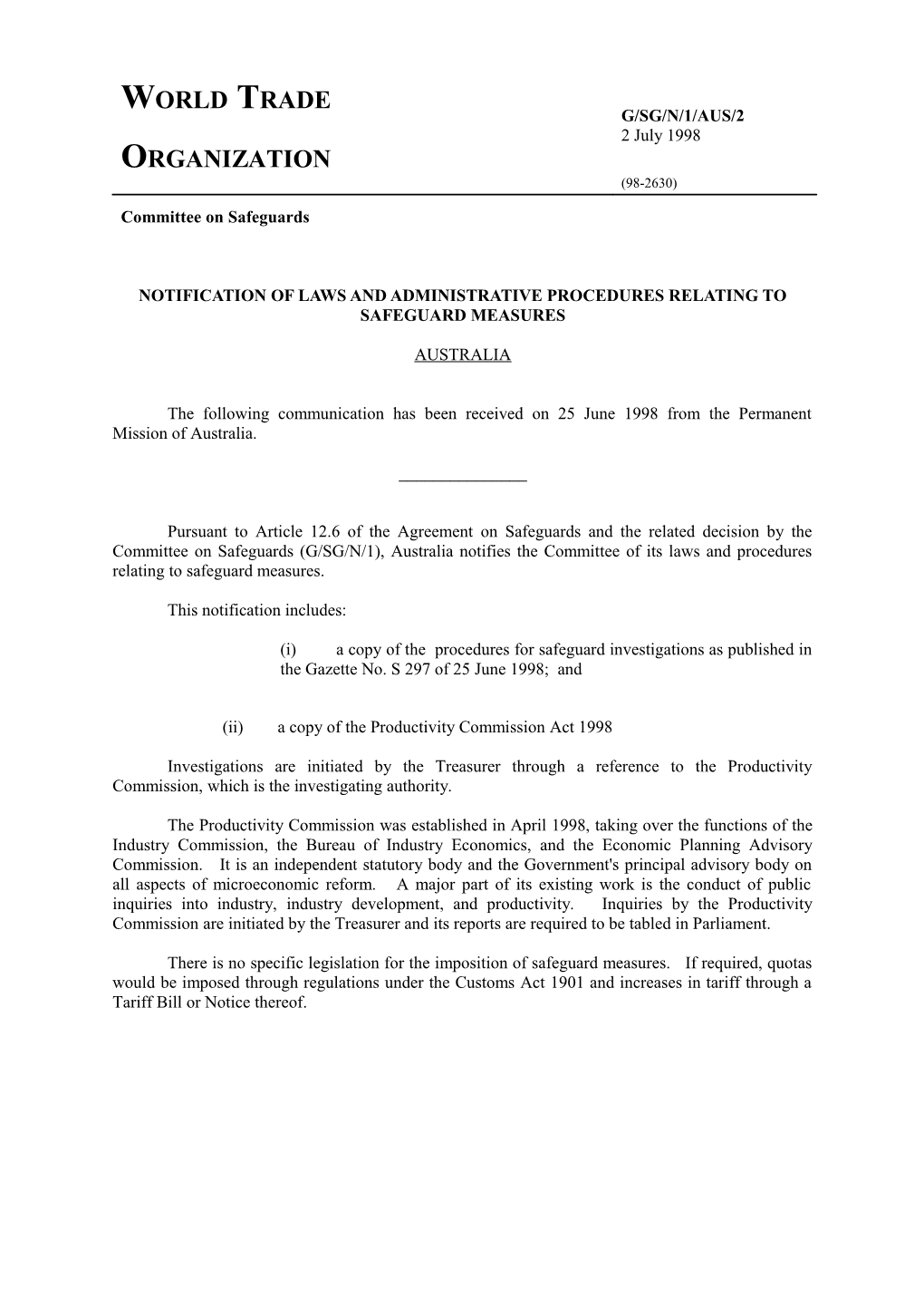 Notification of Laws and Administrative Procedures Relating to Safeguard Measures