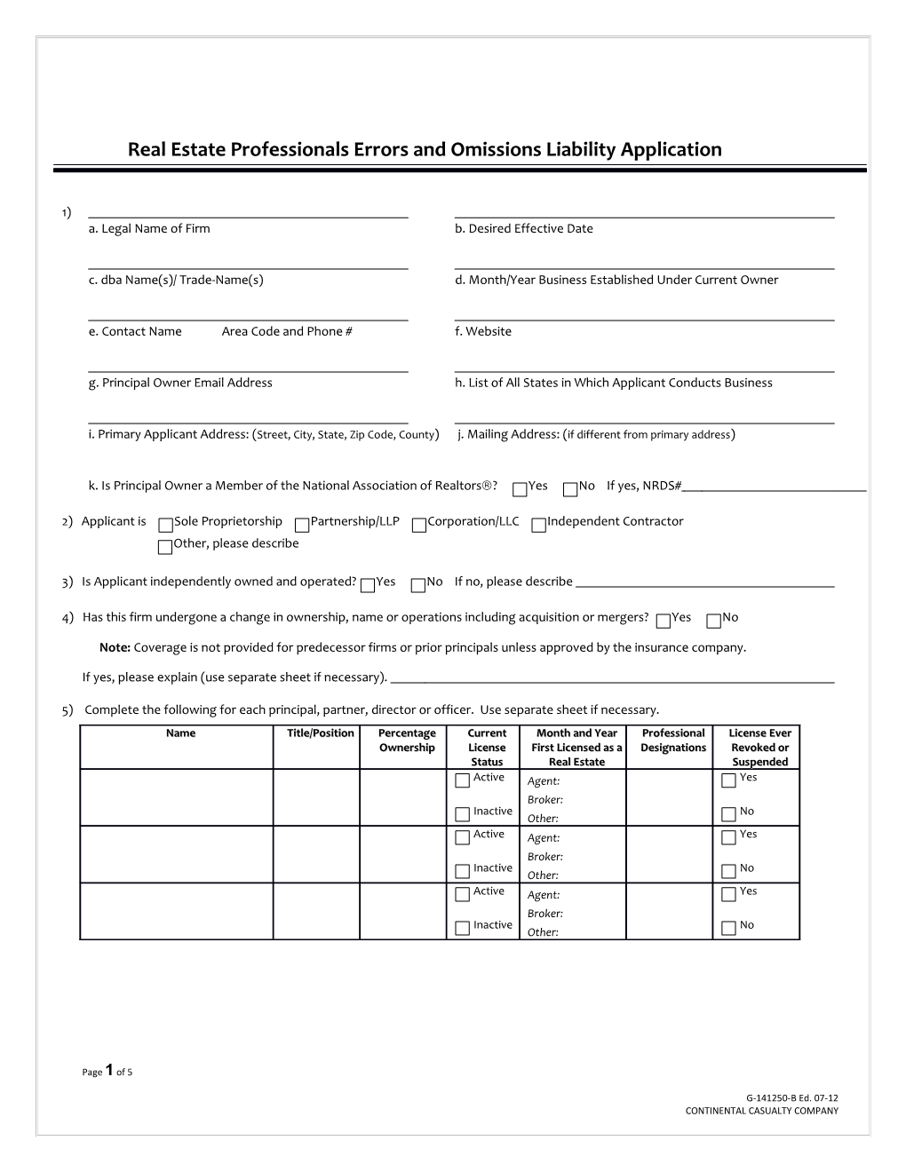 Real Estate Professionals Errors and Omissions Liability Application