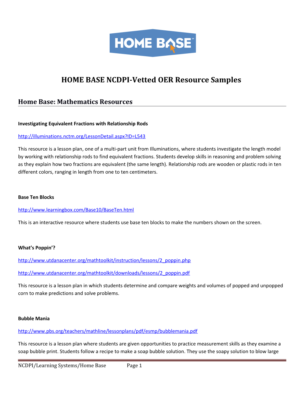 HOME BASE NCDPI-Vetted OER Resource Samples