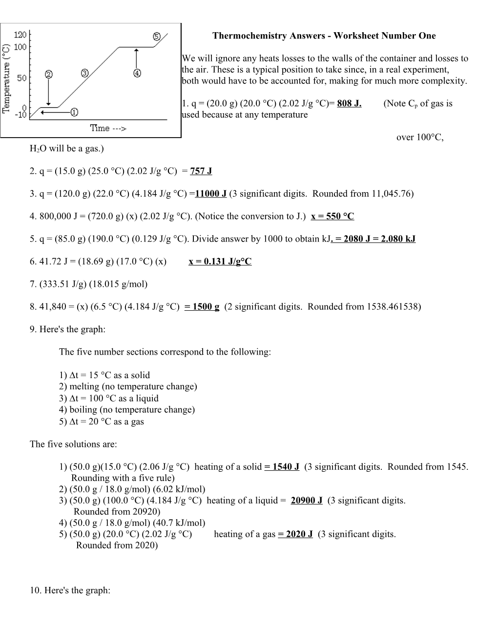 Thermochemistry Answers - Worksheet Number One