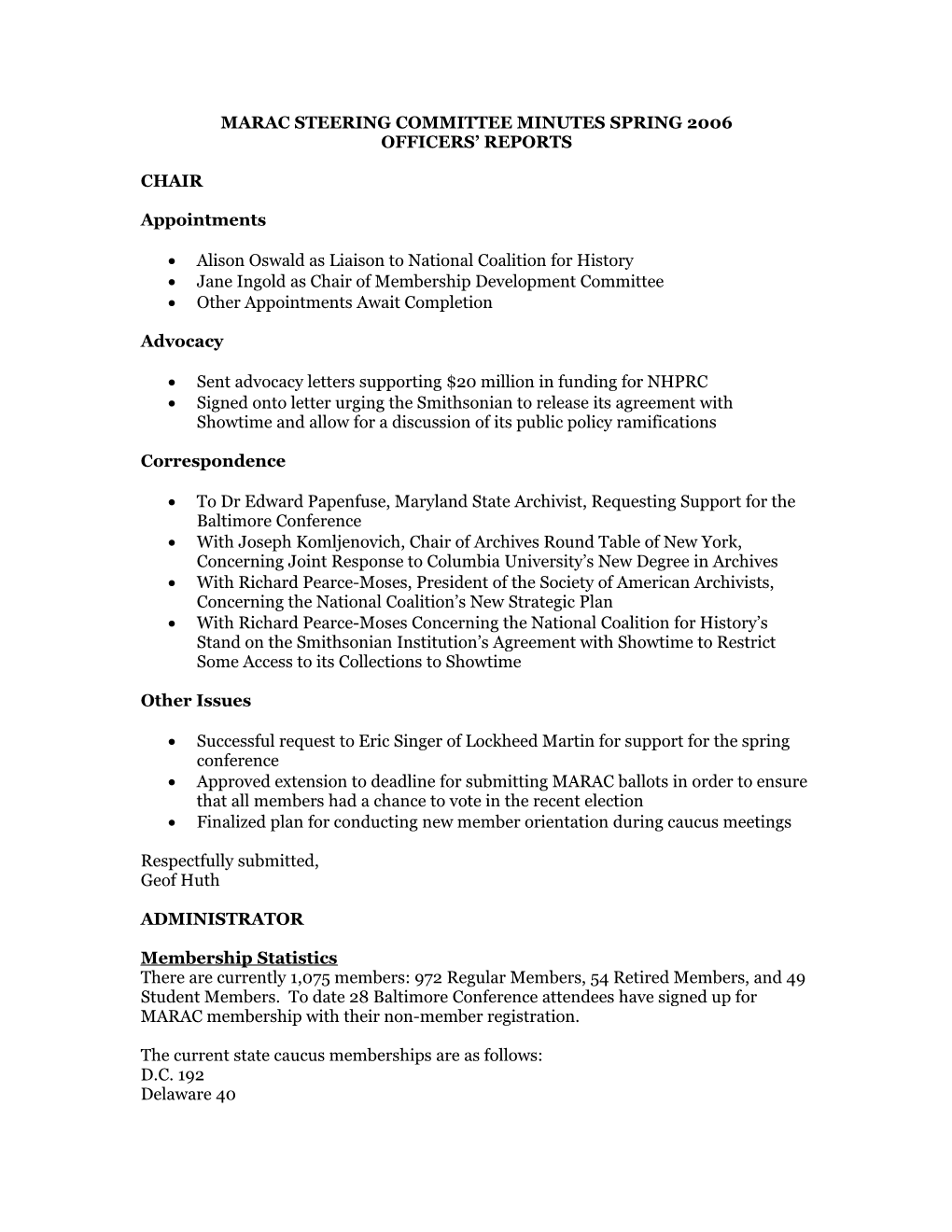 Marac Steering Committee Minutes Spring 2006