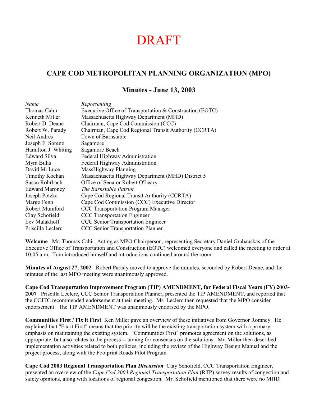 Cape Cod Metropolitan Planning Organization (Mpo)
