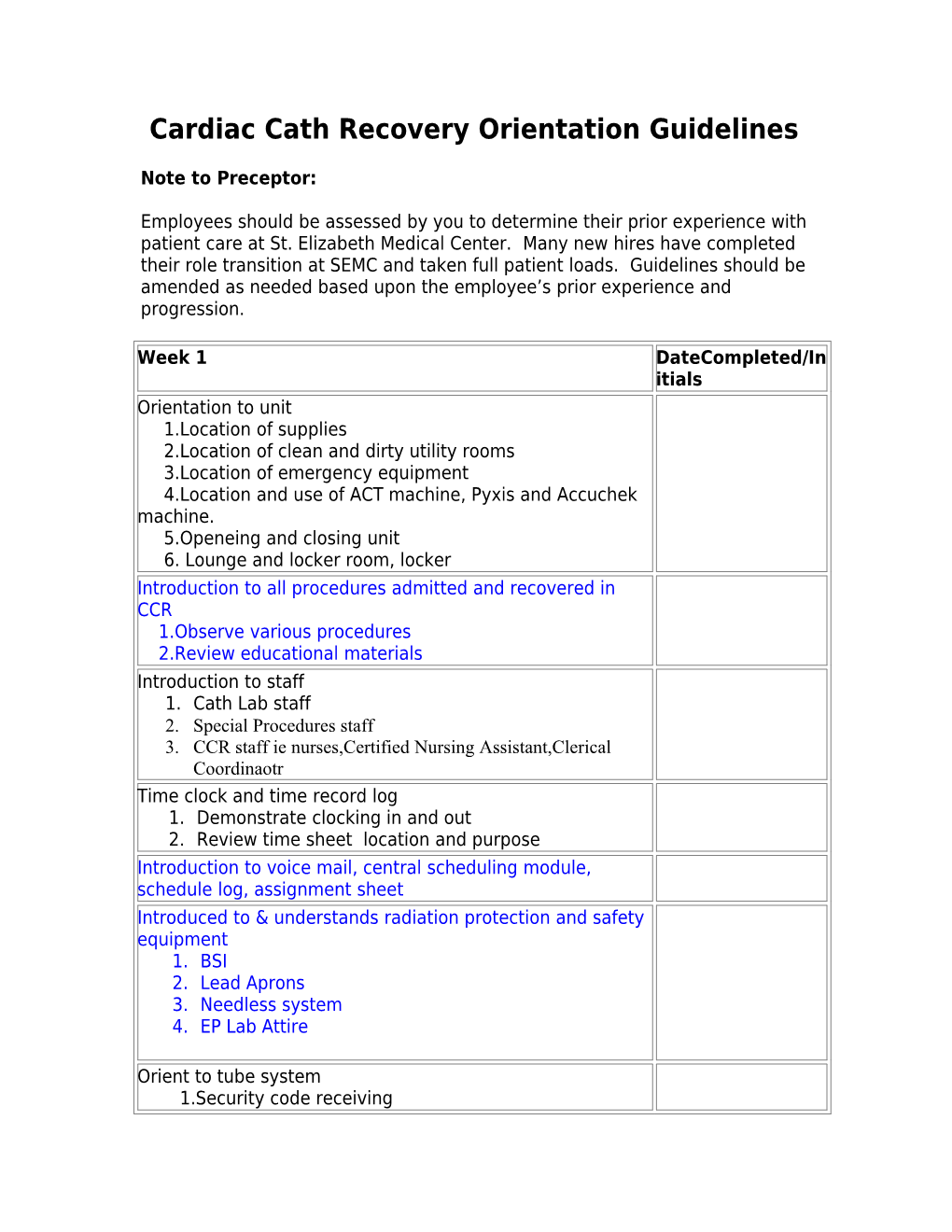 Cardiac Cath Recovery Orientation Guidelines