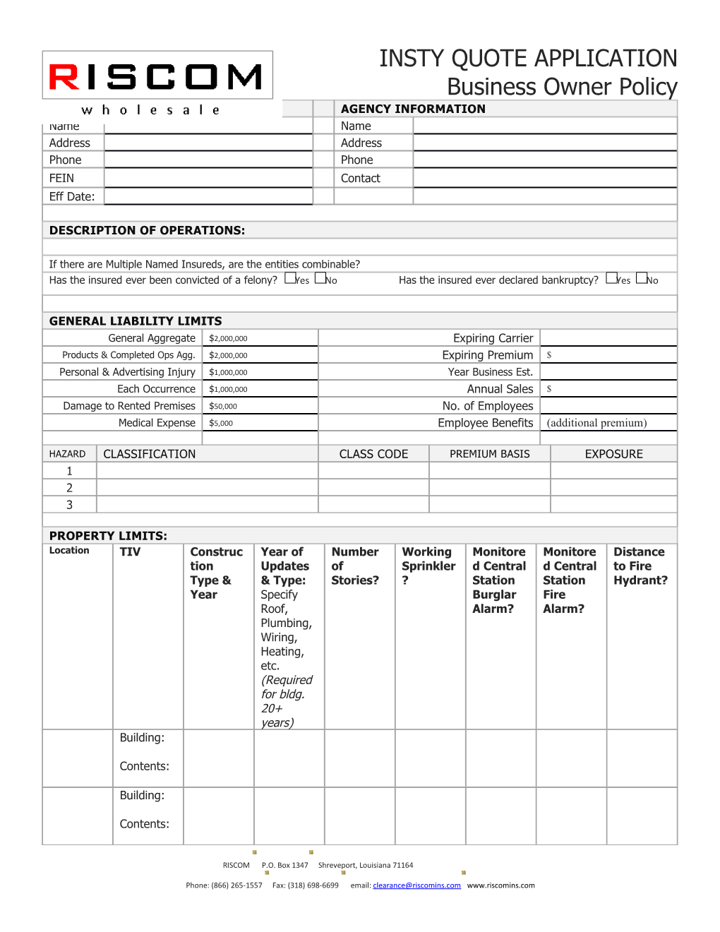 Please Complete Applicable Section. If Risk Is LRO, Sections to Applicable Occupancies