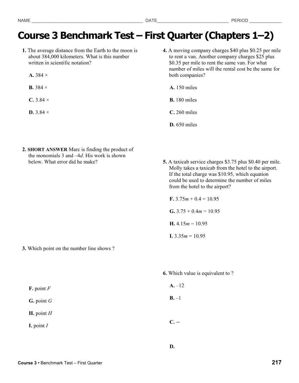 Course 3 Benchmark Test First Quarter (Chapters 1 2)