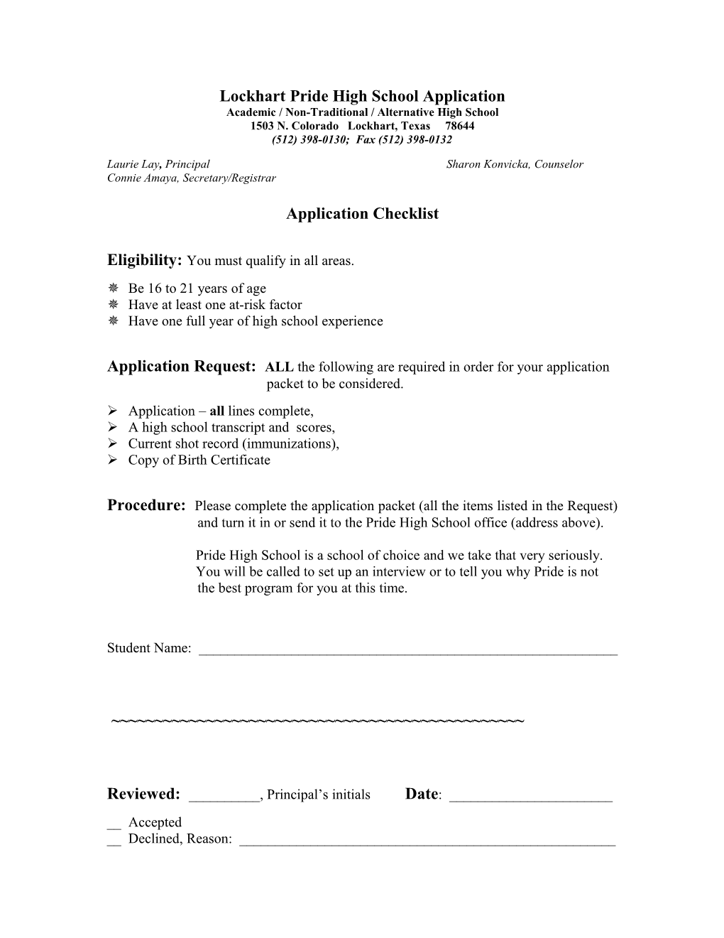 Lockhart Pride High School Application