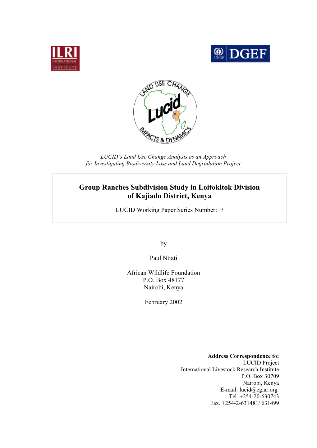 Guidelines for Group Ranches Subdivision Study in Loitokitok Division of Kajiado District