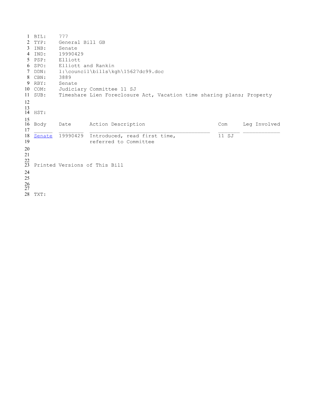 1999-2000 Bill 777: Timeshare Lien Foreclosure Act, Vacation Time Sharing Plans; Property