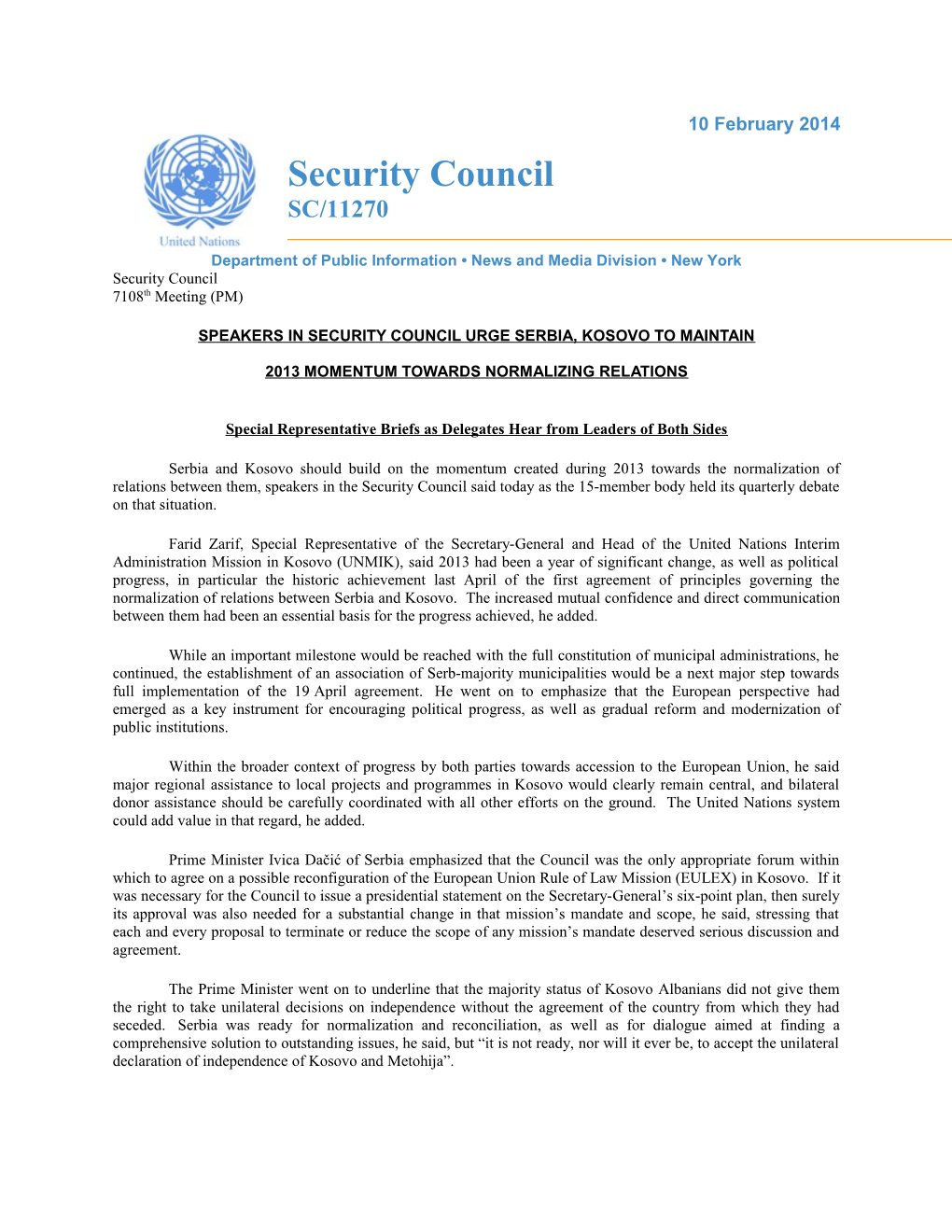 10/02/2014 - Speakers in Security Council Urge Serbia, Kosovo to Maintain