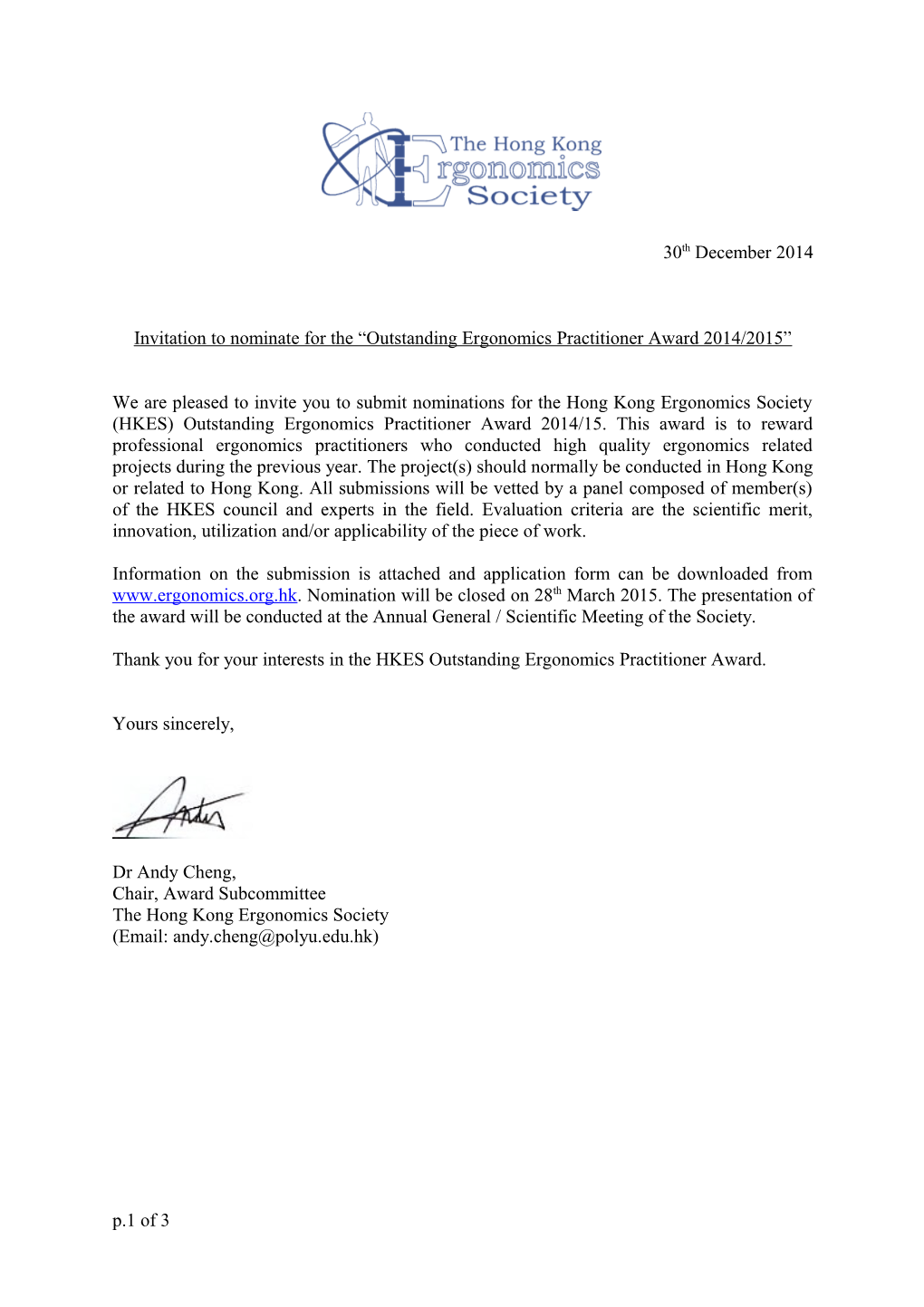 Invitation to Nominate for the Outstanding Ergonomics Practitioner Award 2014/2015