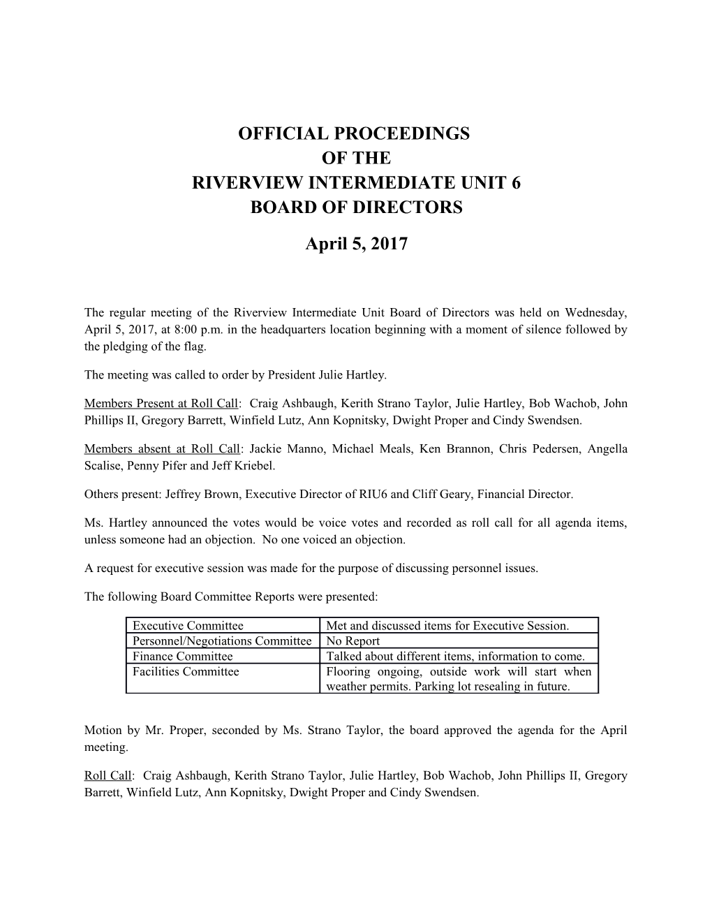 Official Proceedings of the Riverview Intermediate Unit 6 Board of Directors