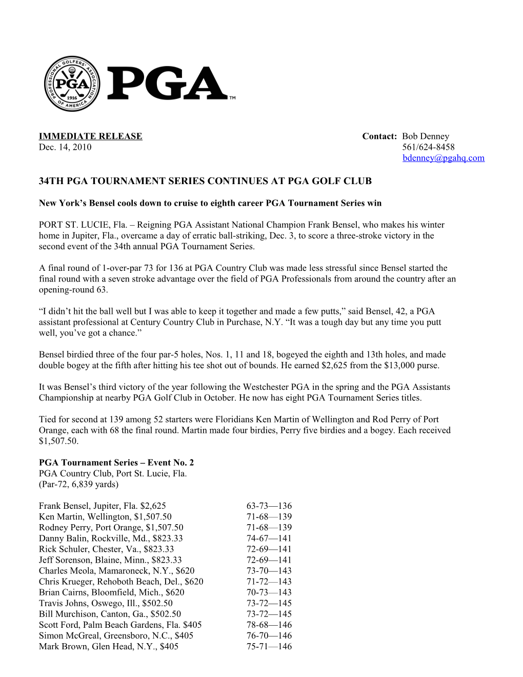 34Th Pga Tournament Series Continues at Pga Golf Club