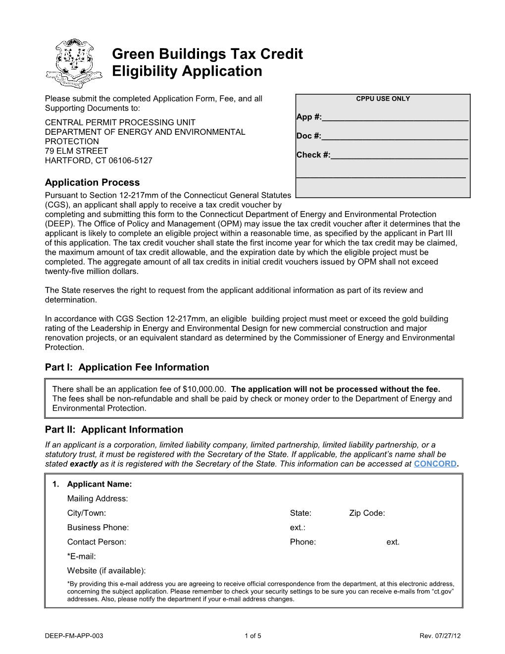 Green Buildings Tax Credit Eligibility Application