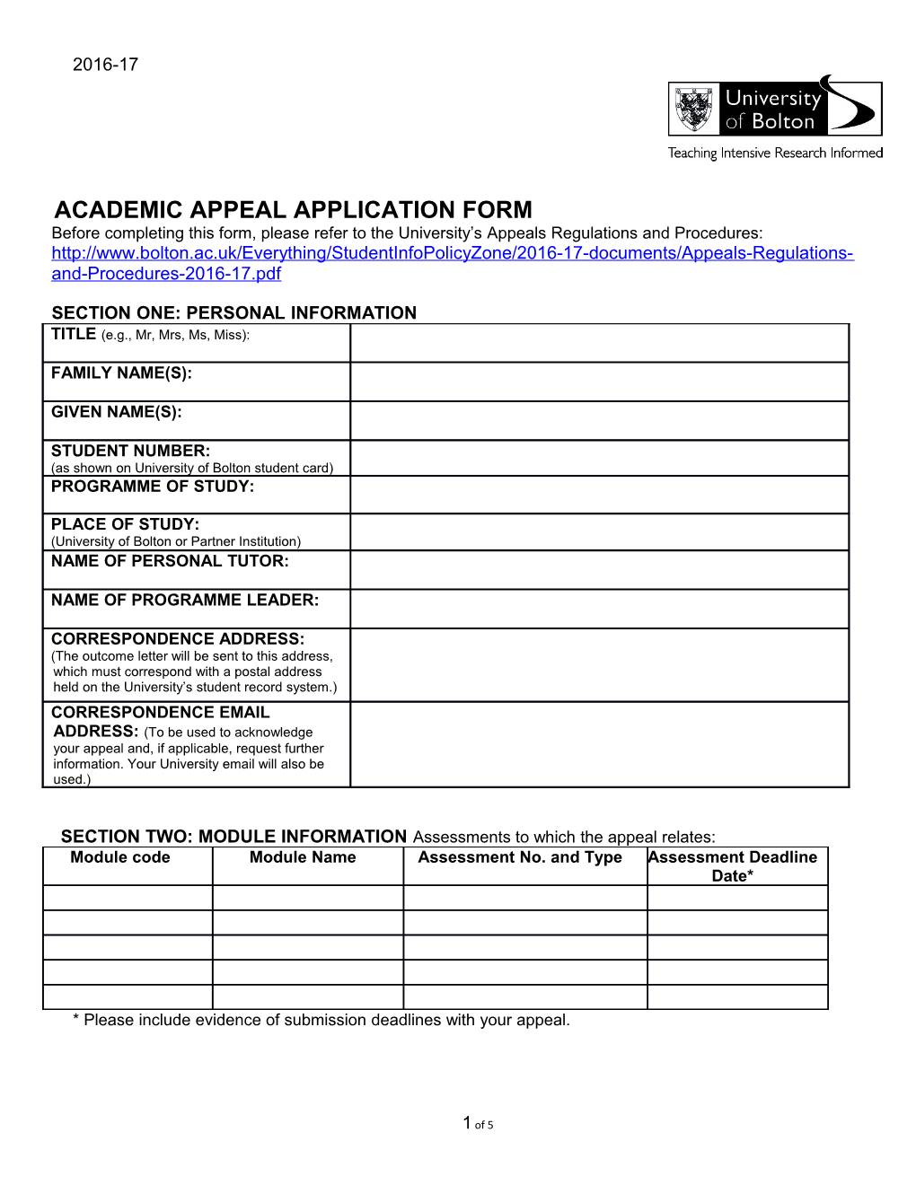 Academic Appeal Application Form