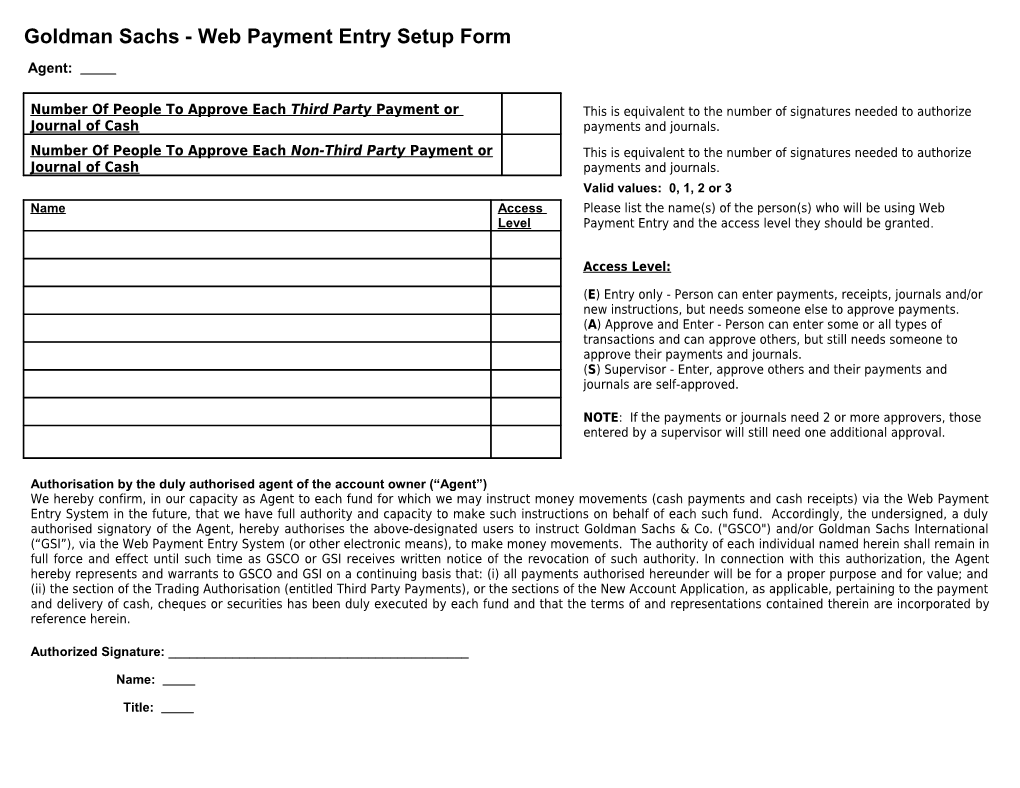 Goldman Sachs - Web Payment Entry Setup Form