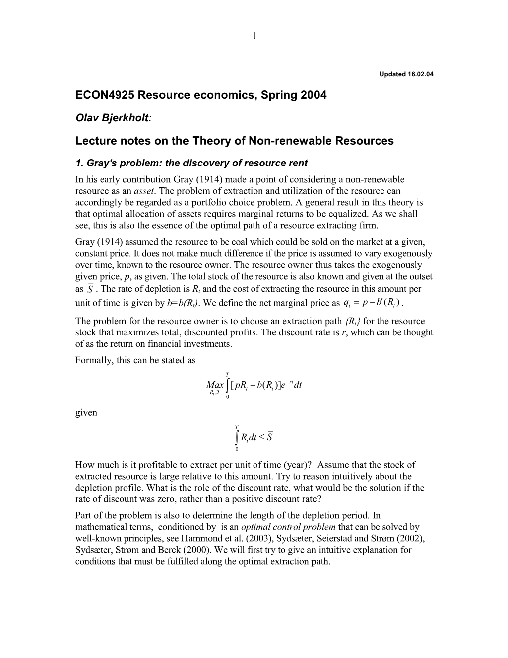 ECON4925 Resource Economics, Spring 2004