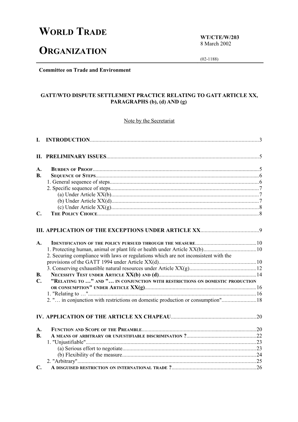 Gatt/Wto Dispute Settlement Practice RELATING to GATT Article Xx, Paragraphs (B), (D) and (G)