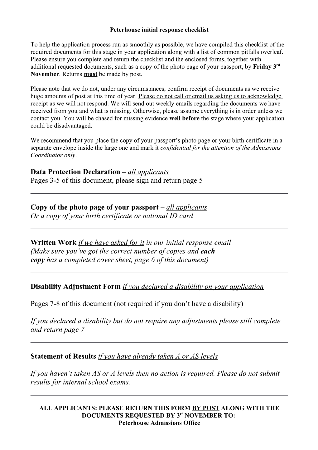 Peterhouse Initial Response Checklist