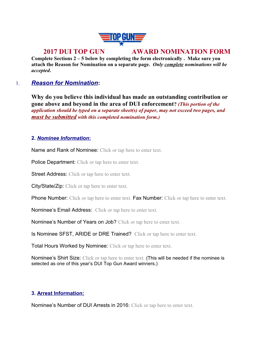 2009 Dui Top Gun Award Nomination Form